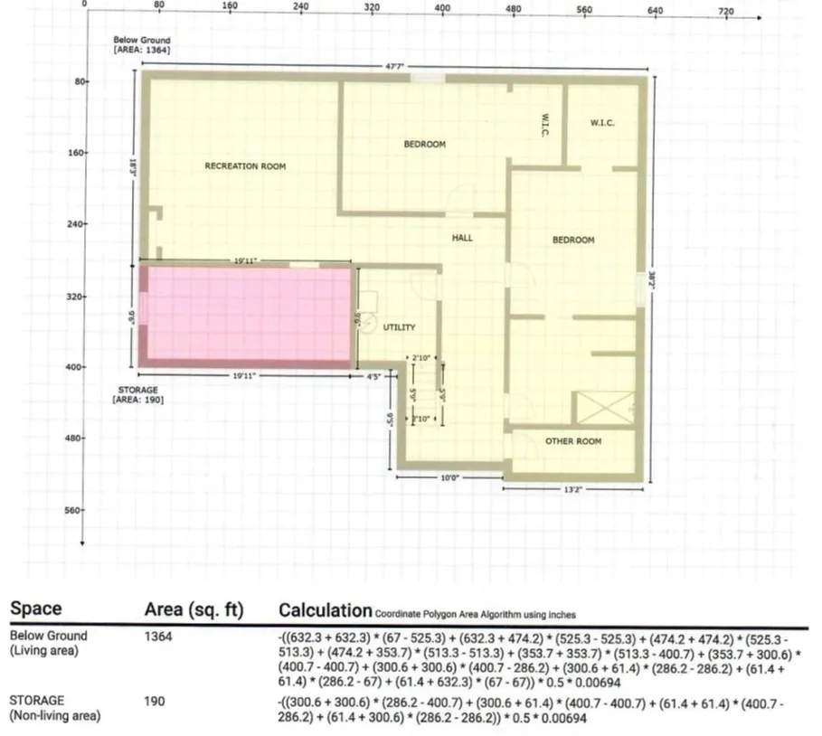 A floor plan of a house with a pink area.