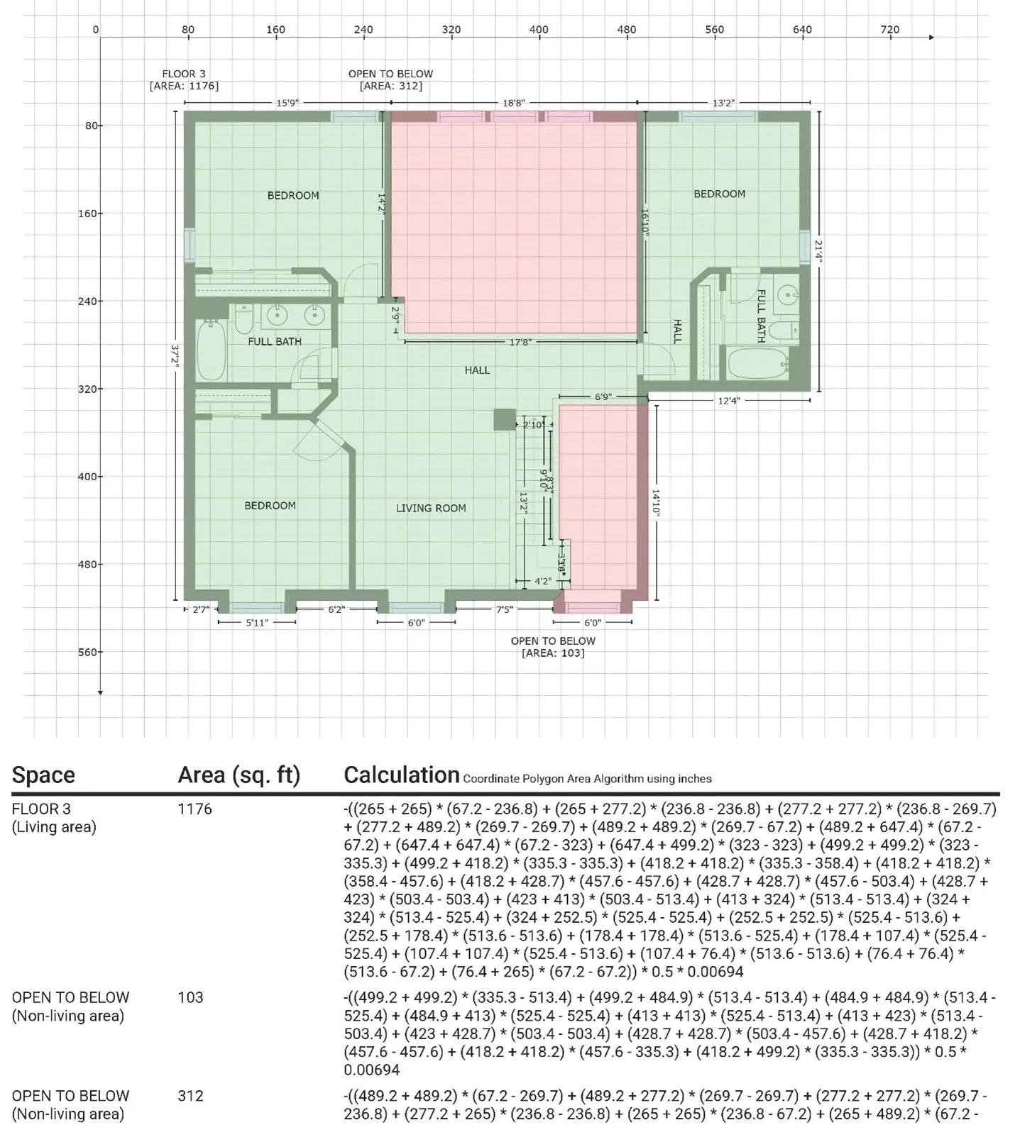 A floor plan of the ground level with two different colors.