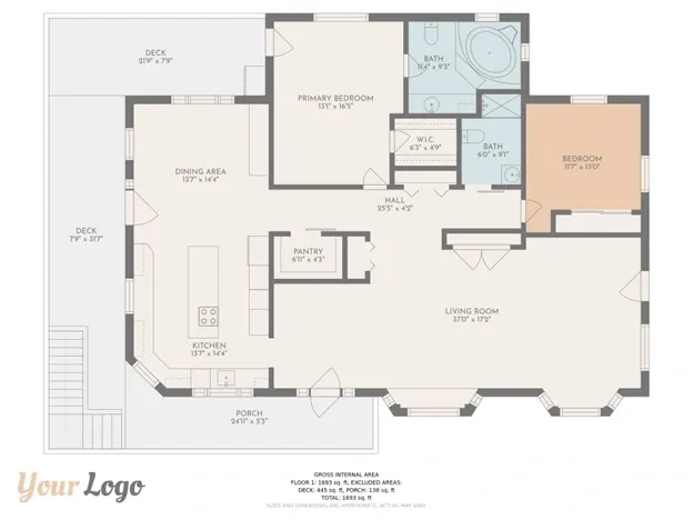 A floor plan of the home with three rooms.